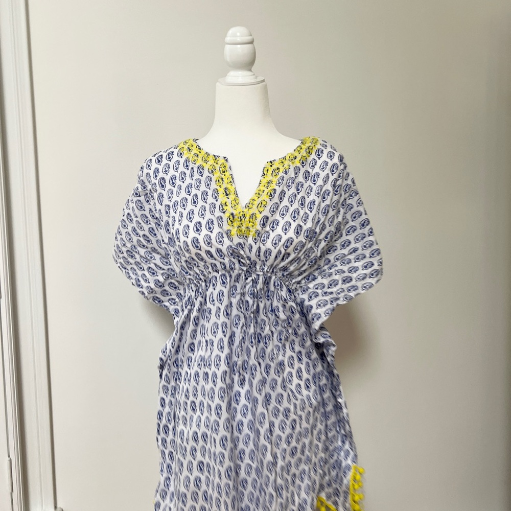 Stella & Dot blue & white paisley beach cover up. Yellow trip with pom poms. - Picture 2 of 4